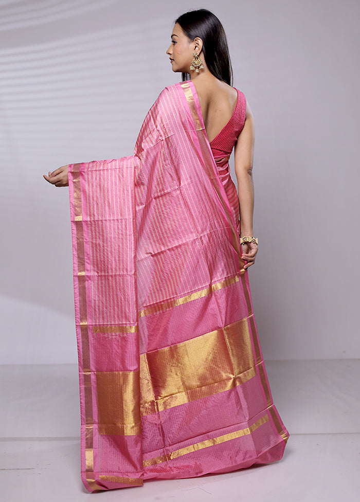 Pink Handloom Kanjivaram Pure Silk Saree With Blouse Piece