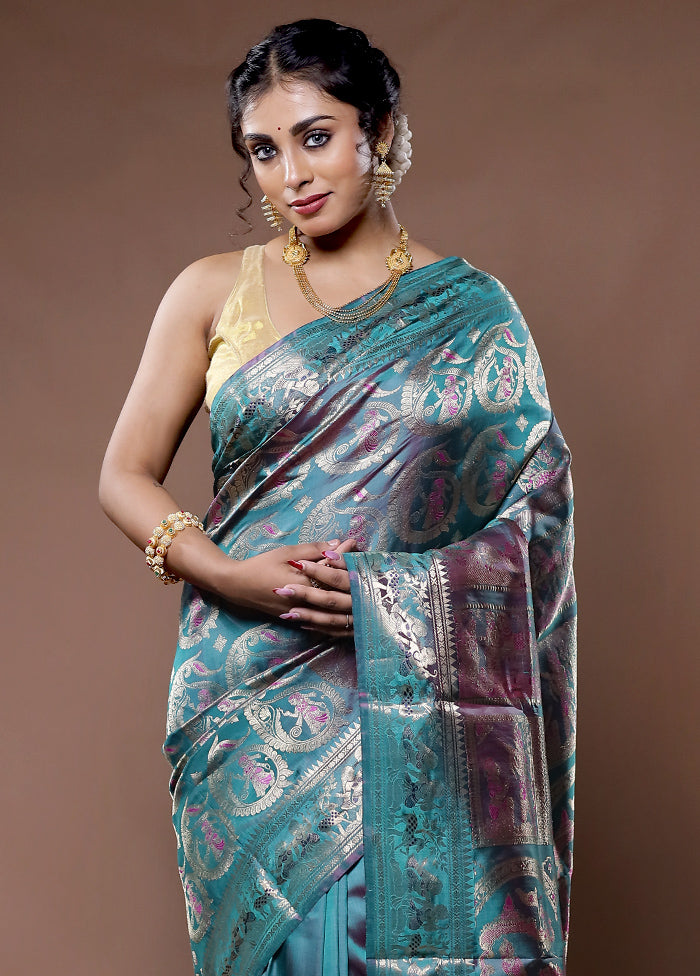 Green Baluchari Pure Silk Saree With Blouse Piece - Indian Silk House Agencies