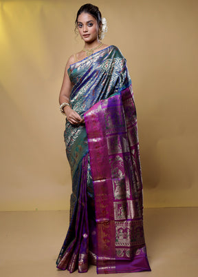 Blue Handloom Baluchari Pure Silk Saree With Blouse Piece