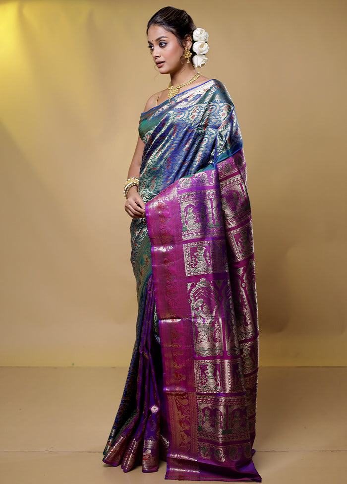 Blue Handloom Baluchari Pure Silk Saree With Blouse Piece