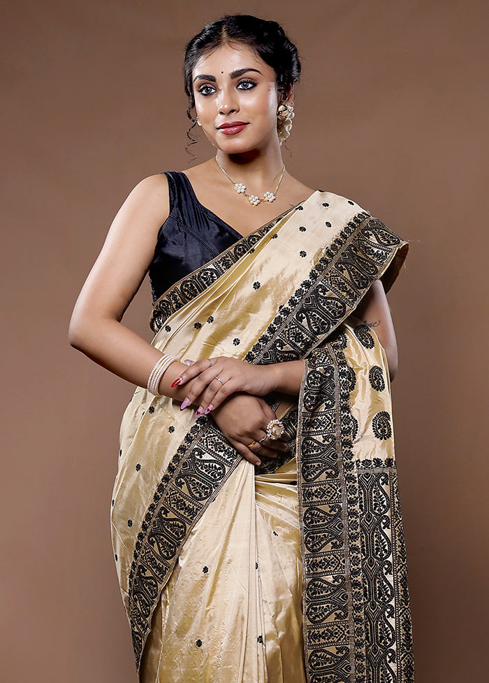 Cream Assam Pure Silk Saree With Blouse Piece - Indian Silk House Agencies