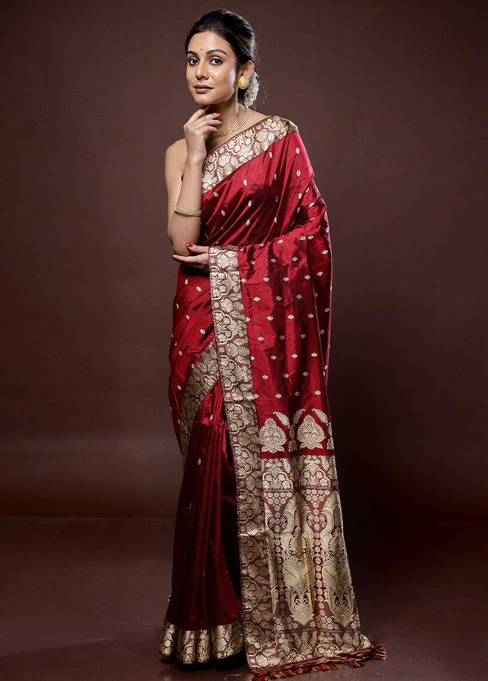 Red Assam Pure Silk Saree With Blouse Piece - Indian Silk House Agencies