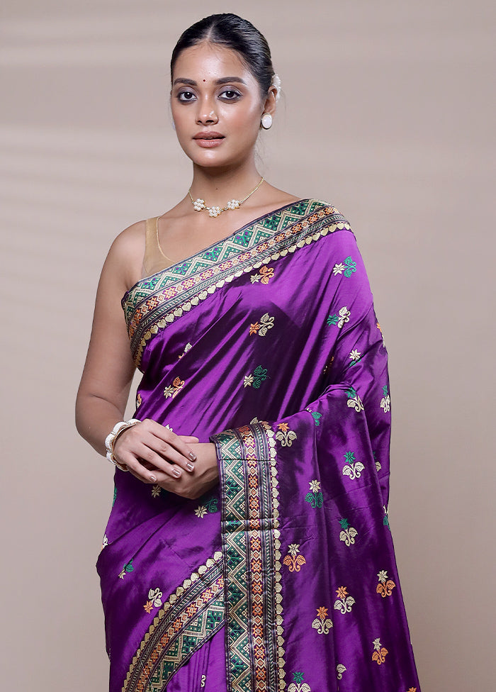 Purple Handloom Assam Pure Silk Saree With Blouse Piece