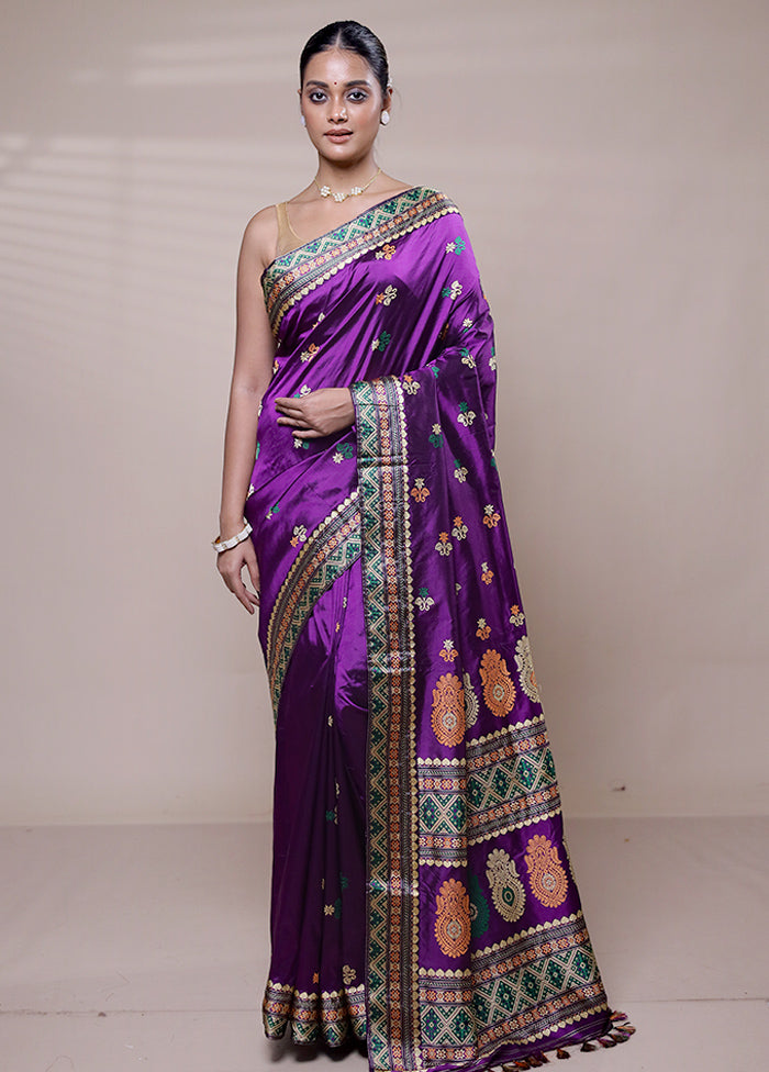 Purple Handloom Assam Pure Silk Saree With Blouse Piece