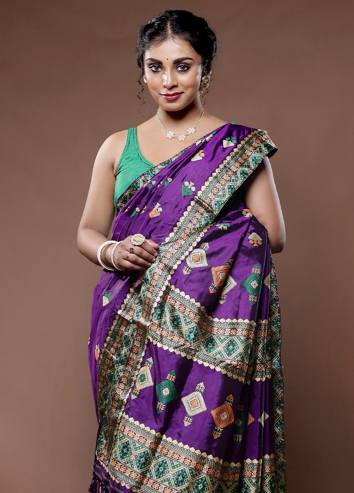 Purple Assam Pure Silk Saree With Blouse Piece - Indian Silk House Agencies