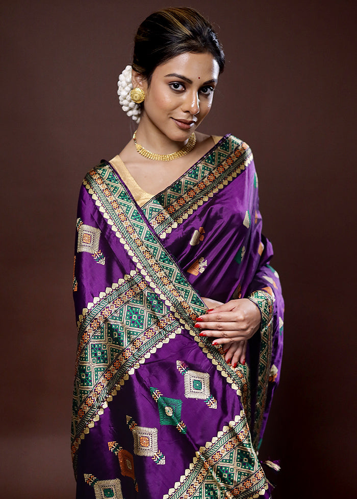 Purple Assam Pure Silk Saree With Blouse Piece