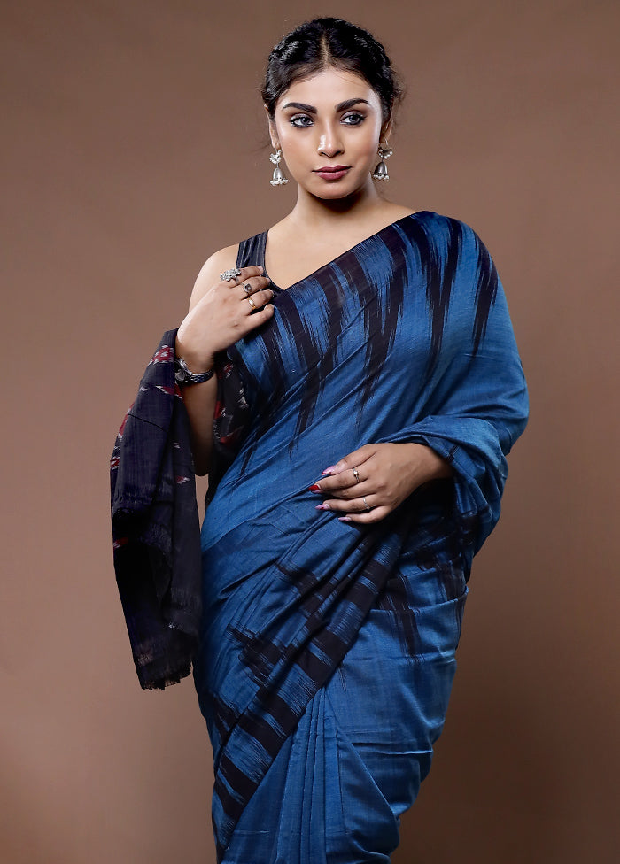 Blue Cotton Saree With Blouse Piece - Indian Silk House Agencies