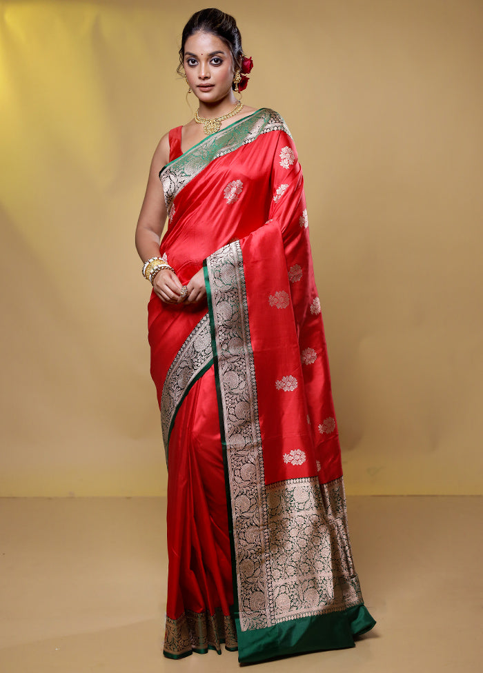 Red Handloom Katan Pure Silk Saree With Blouse Piece