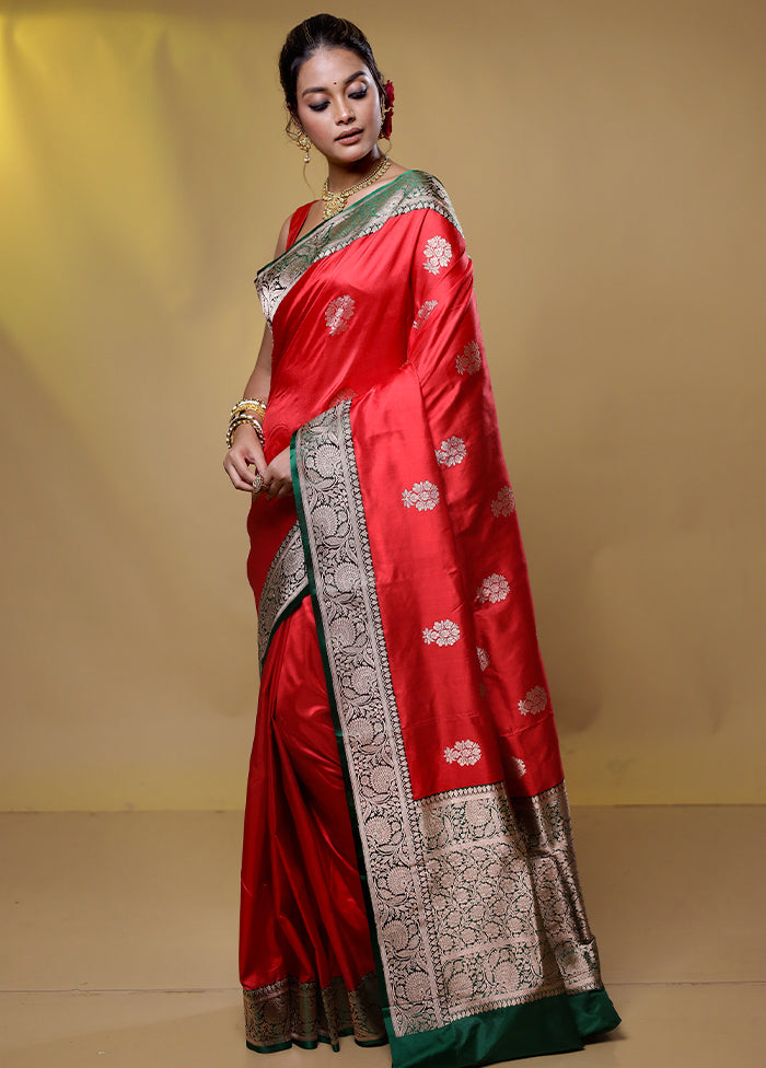 Red Handloom Katan Pure Silk Saree With Blouse Piece