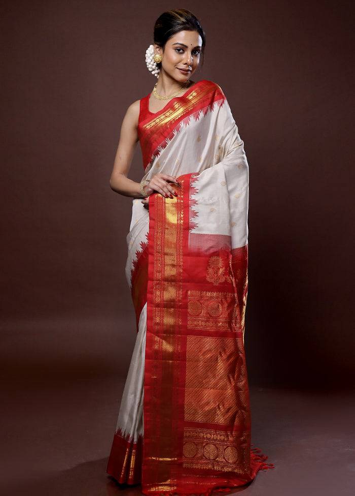 Cream Gadwal Pure Silk Saree Without Blouse Piece - Indian Silk House Agencies