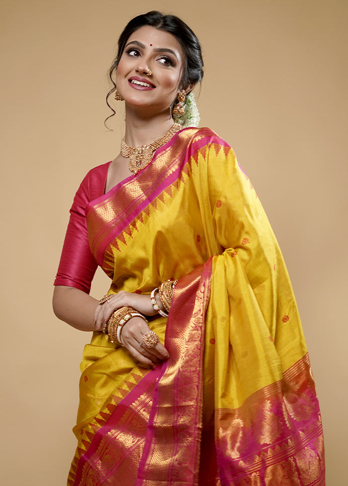 Yellow Gadwal Pure Silk Saree Without Blouse Piece