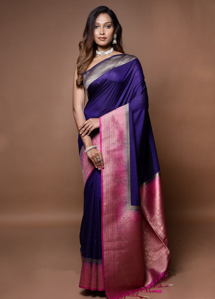 Blue Dupion Silk Saree With Blouse Piece