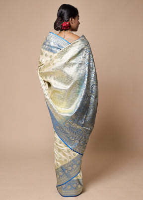 White Banarasi Silk Saree With Blouse Piece