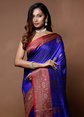 Blue Handloom Tussar Pure Silk Saree With Blouse Piece