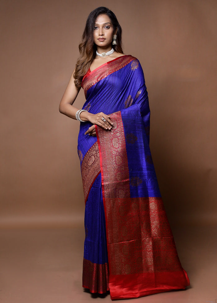 Blue Handloom Tussar Pure Silk Saree With Blouse Piece