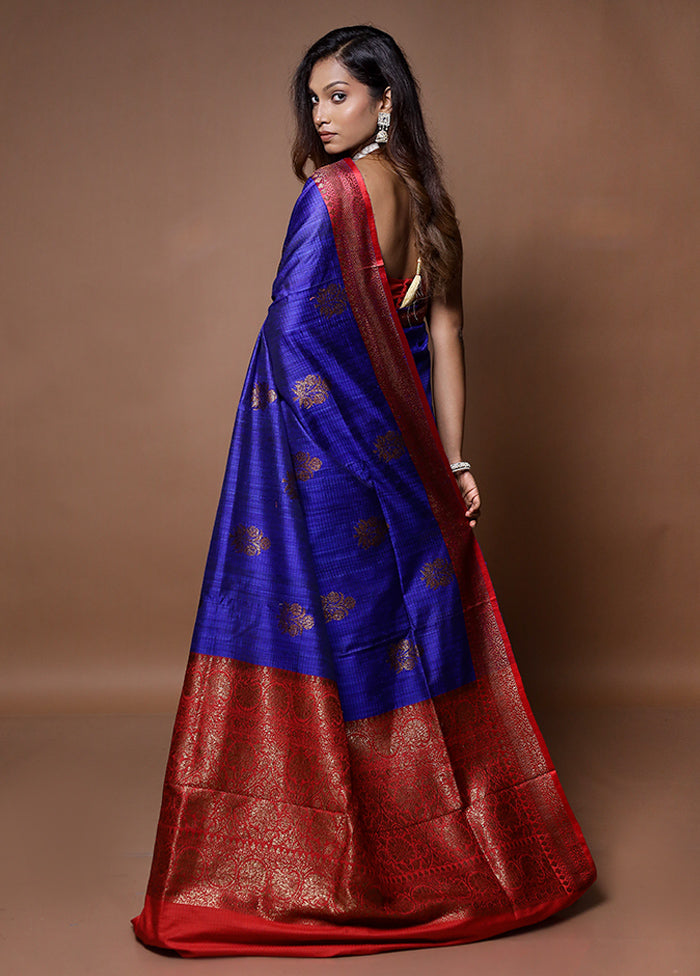 Blue Handloom Tussar Pure Silk Saree With Blouse Piece