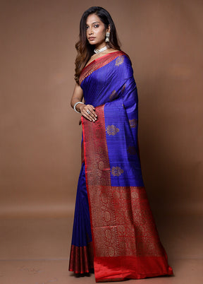 Blue Handloom Tussar Pure Silk Saree With Blouse Piece