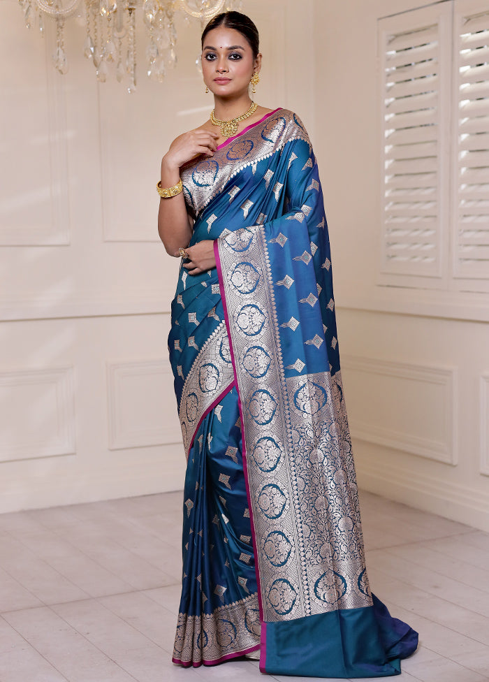 Blue Banarasi Silk Saree With Blouse Piece