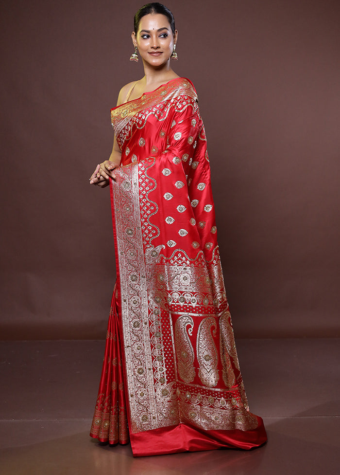 Red Banarasi Silk Saree With Blouse Piece