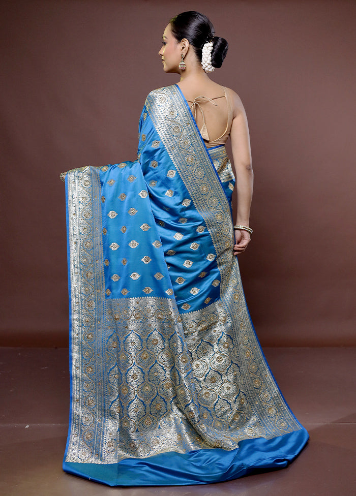 Blue Banarasi Silk Saree With Blouse Piece