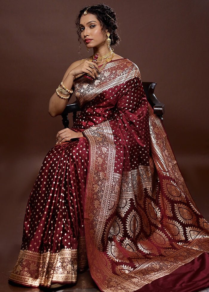Maroon Banarasi Silk Saree With Blouse Piece