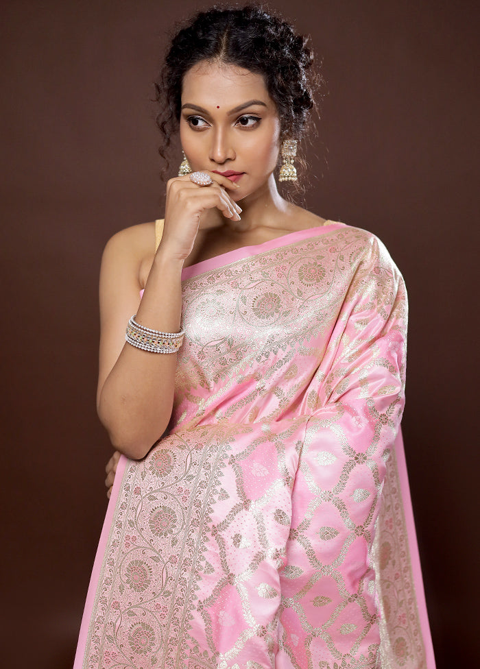 Pink Banarasi Silk Saree With Blouse Piece
