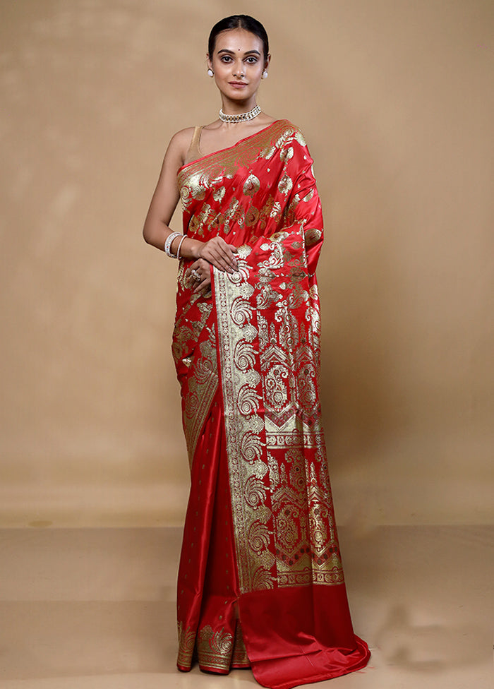 Red Handloom Banarasi Pure Silk Saree With Blouse Piece