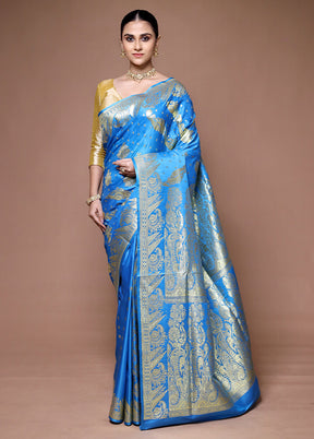 Blue Banarasi Silk Saree With Blouse Piece