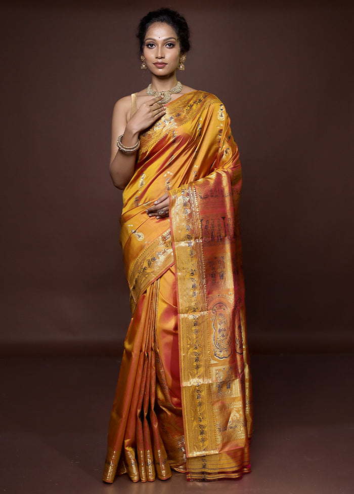 Yellow Handloom Baluchari Pure Silk Saree With Blouse Piece