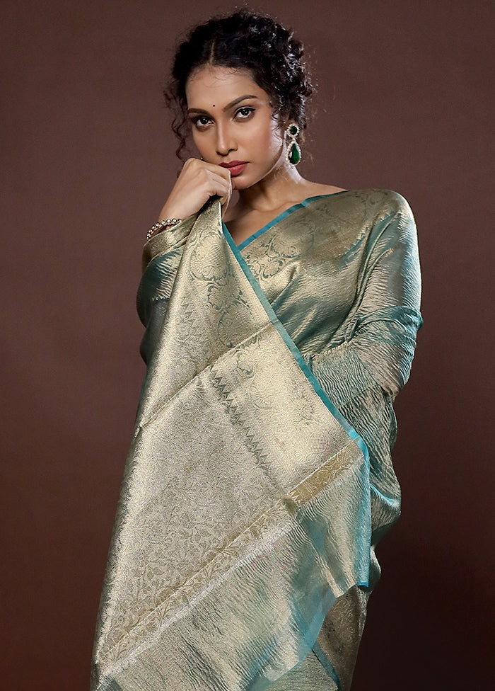 Green Crushed Tissue Silk Saree With Blouse Piece - Indian Silk House Agencies