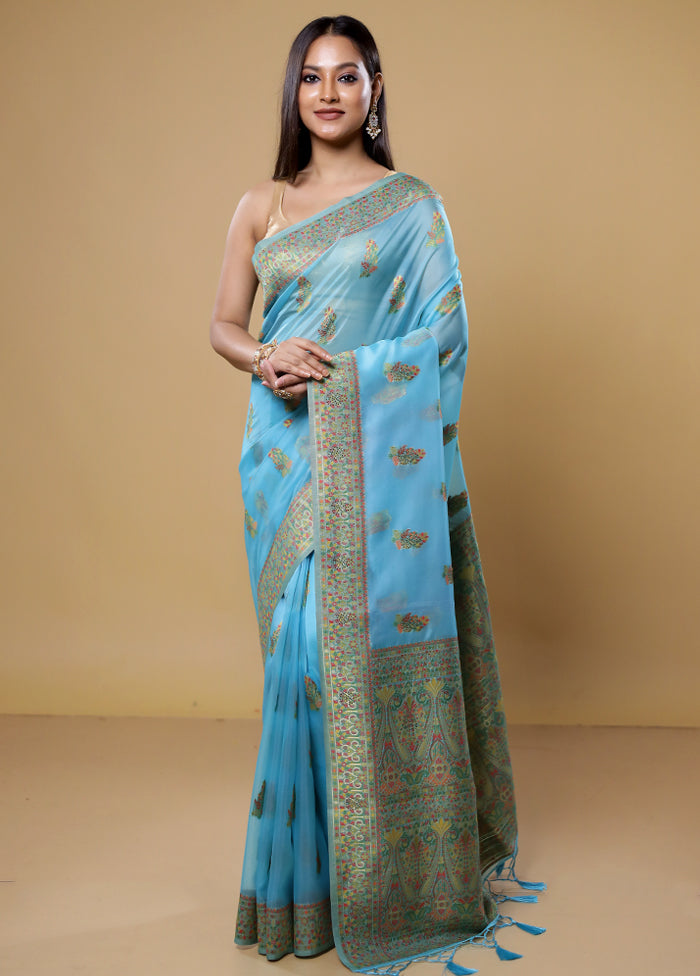 Blue Organza Saree With Blouse Piece