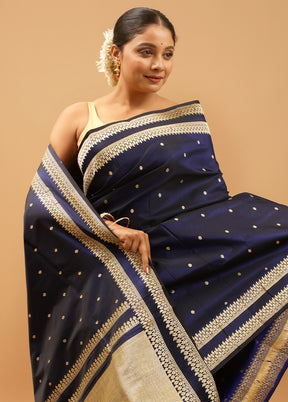 Blue Handloom Banarasi Pure Silk Saree With Blouse Piece