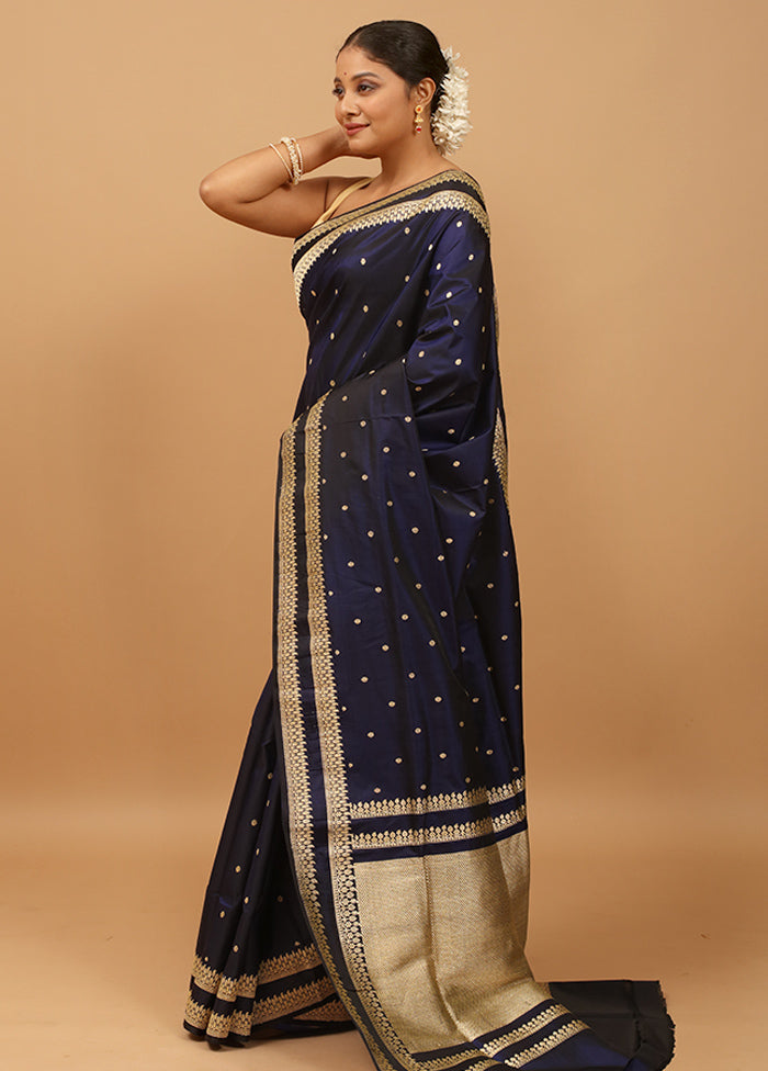 Blue Handloom Banarasi Pure Silk Saree With Blouse Piece