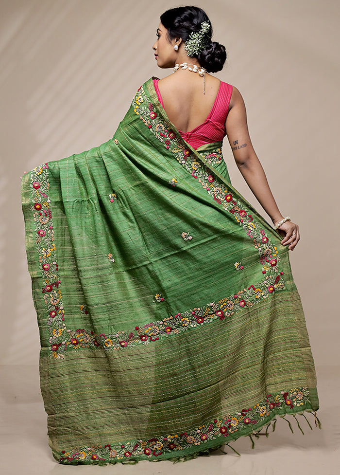 Green Tussar Pure Silk Saree With Blouse Piece - Indian Silk House Agencies