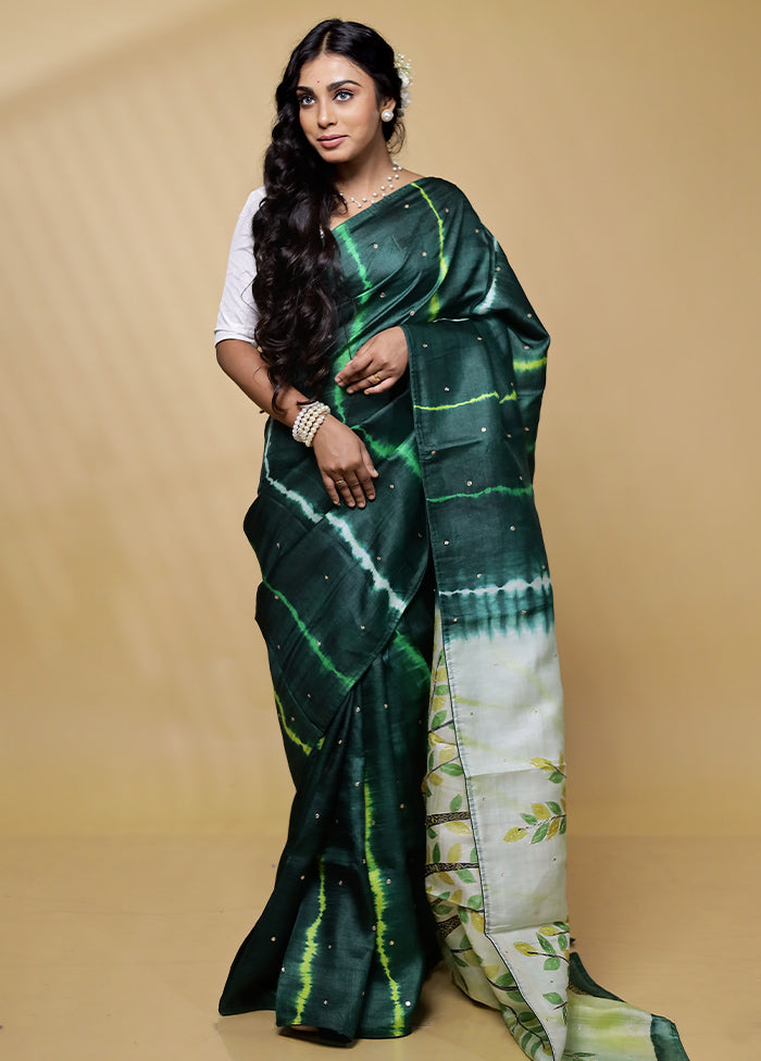 Green Tussar Pure Silk Saree With Blouse Piece