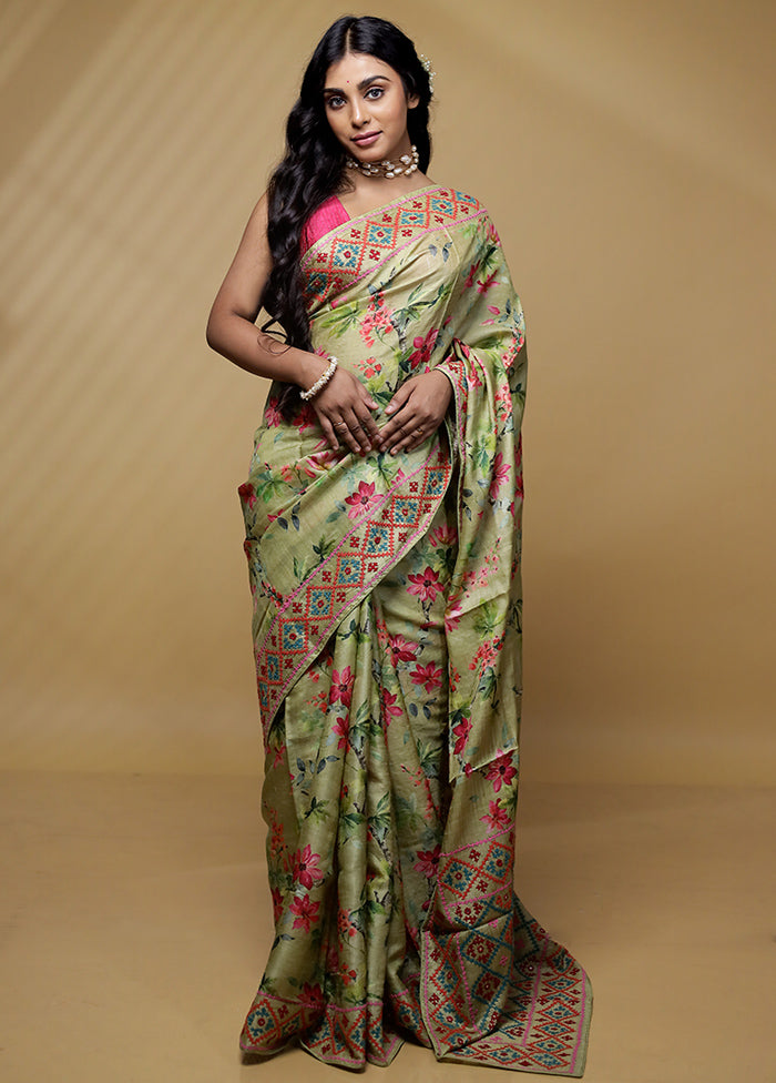 Green Tussar Pure Silk Saree With Blouse Piece - Indian Silk House Agencies