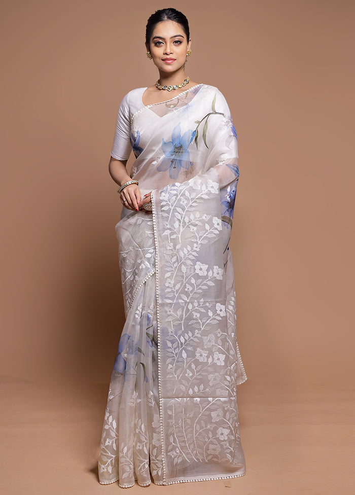 White Handloom Pure Organza Saree With Blouse Piece