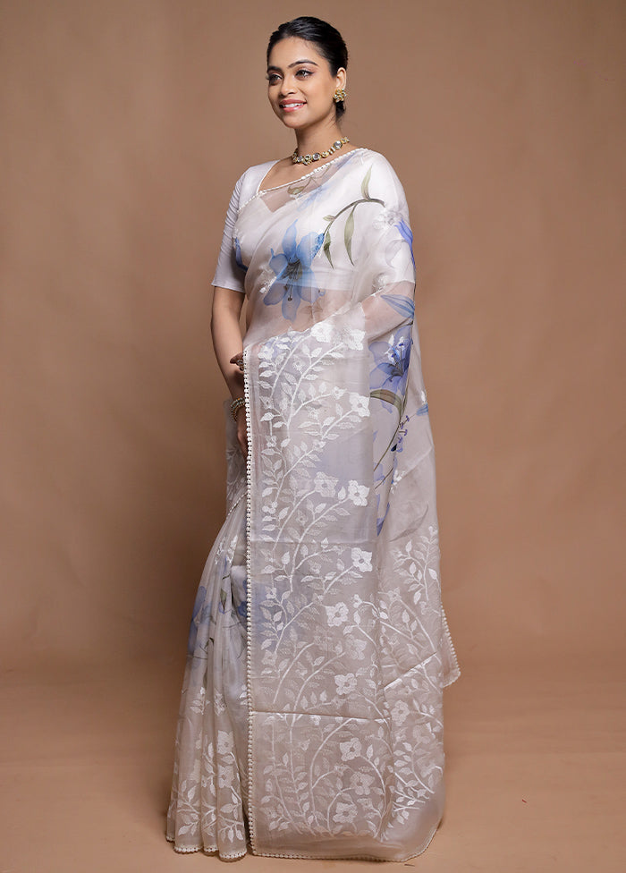 White Handloom Pure Organza Saree With Blouse Piece