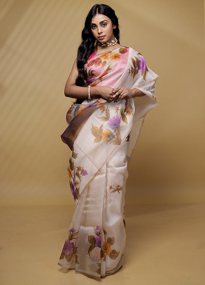 Cream Organza Saree With Blouse Piece - Indian Silk House Agencies