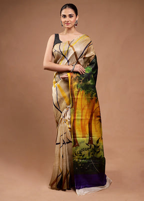 Cream Printed Pure Silk Saree Without Blouse Piece