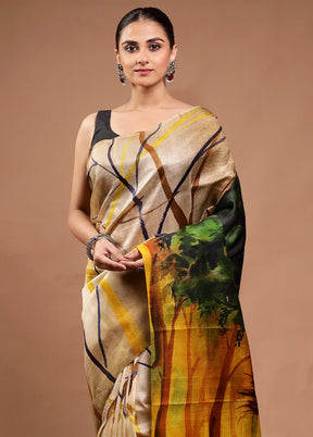 Cream Printed Pure Silk Saree Without Blouse Piece