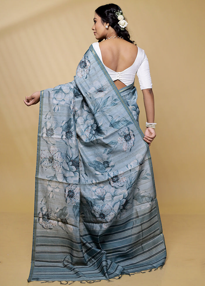 Grey Tussar Silk Saree With Blouse Piece - Indian Silk House Agencies