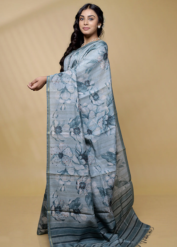 Grey Tussar Silk Saree With Blouse Piece - Indian Silk House Agencies