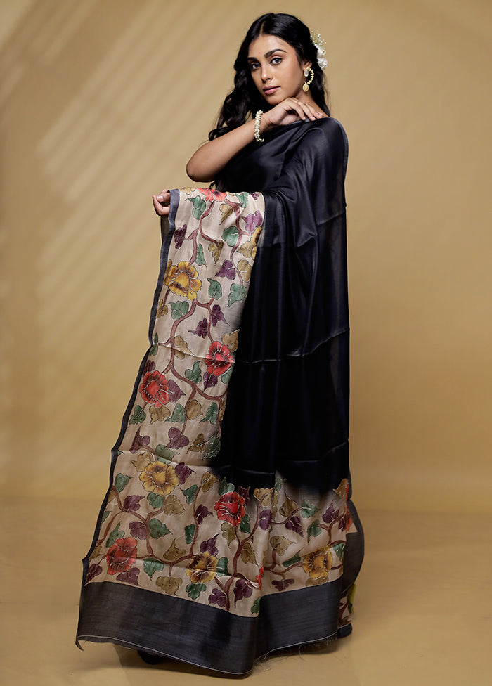 Black Tussar Silk Saree With Blouse Piece - Indian Silk House Agencies