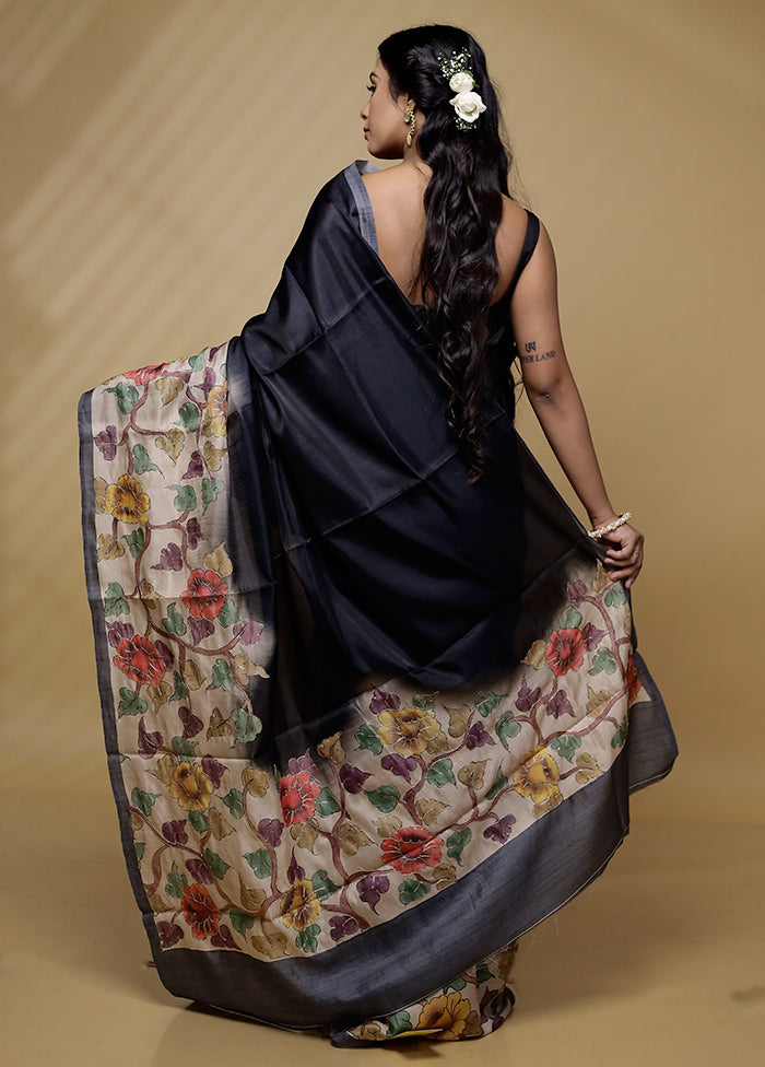 Black Tussar Silk Saree With Blouse Piece - Indian Silk House Agencies