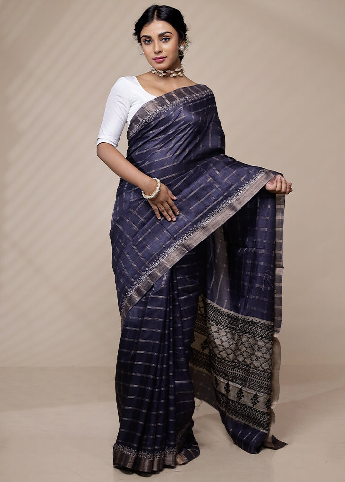 Blue Tussar Silk Saree With Blouse Piece - Indian Silk House Agencies