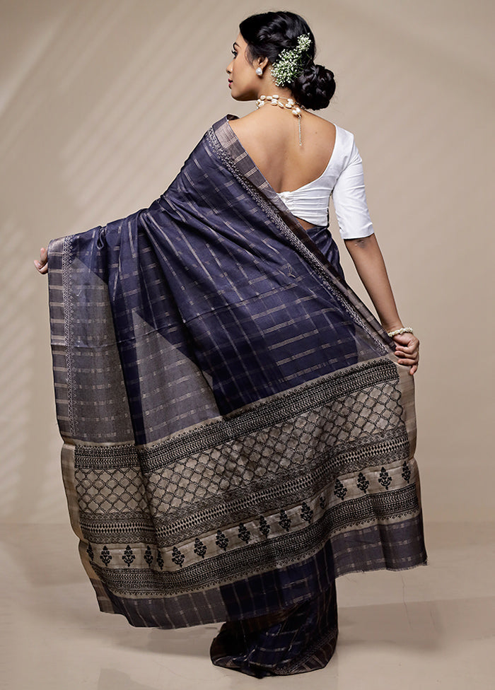 Blue Tussar Silk Saree With Blouse Piece - Indian Silk House Agencies