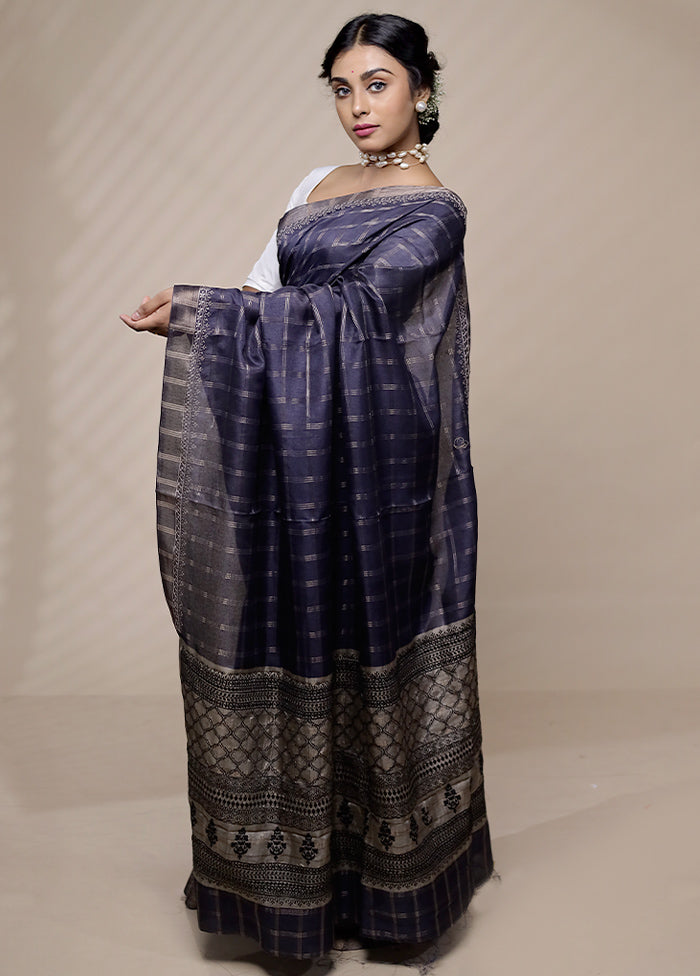 Blue Tussar Silk Saree With Blouse Piece - Indian Silk House Agencies