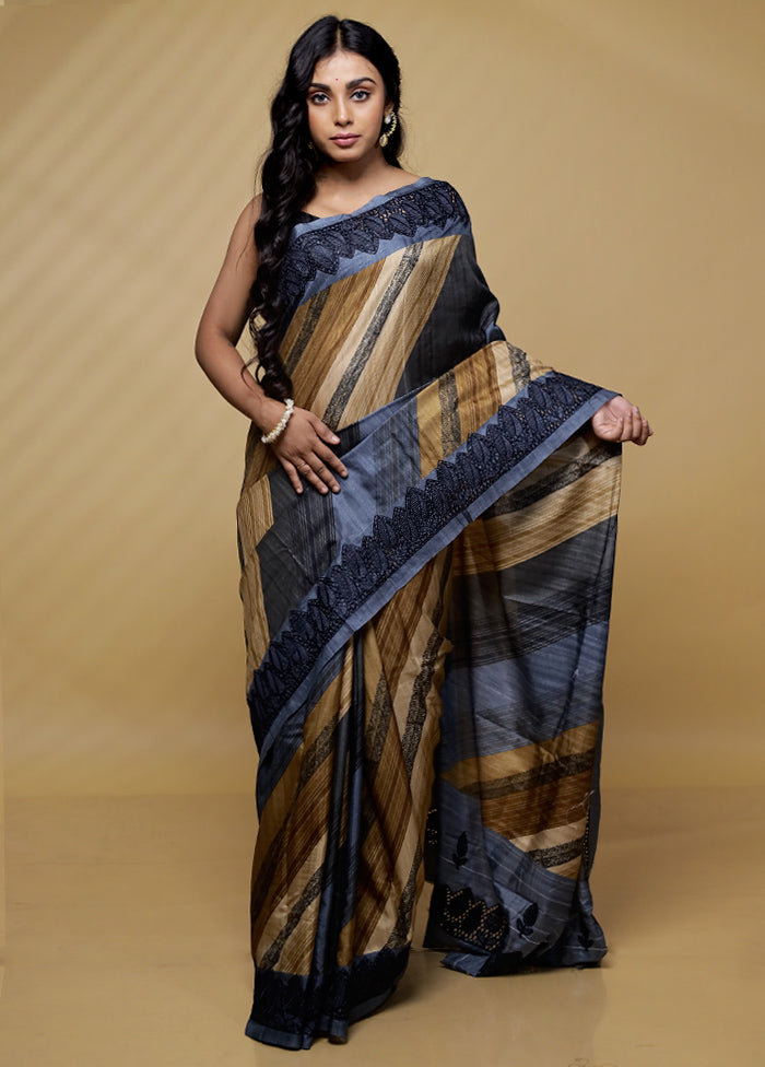 Cream Tussar Silk Saree With Blouse Piece