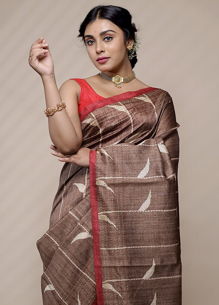 Brown Tussar Silk Saree With Blouse Piece - Indian Silk House Agencies